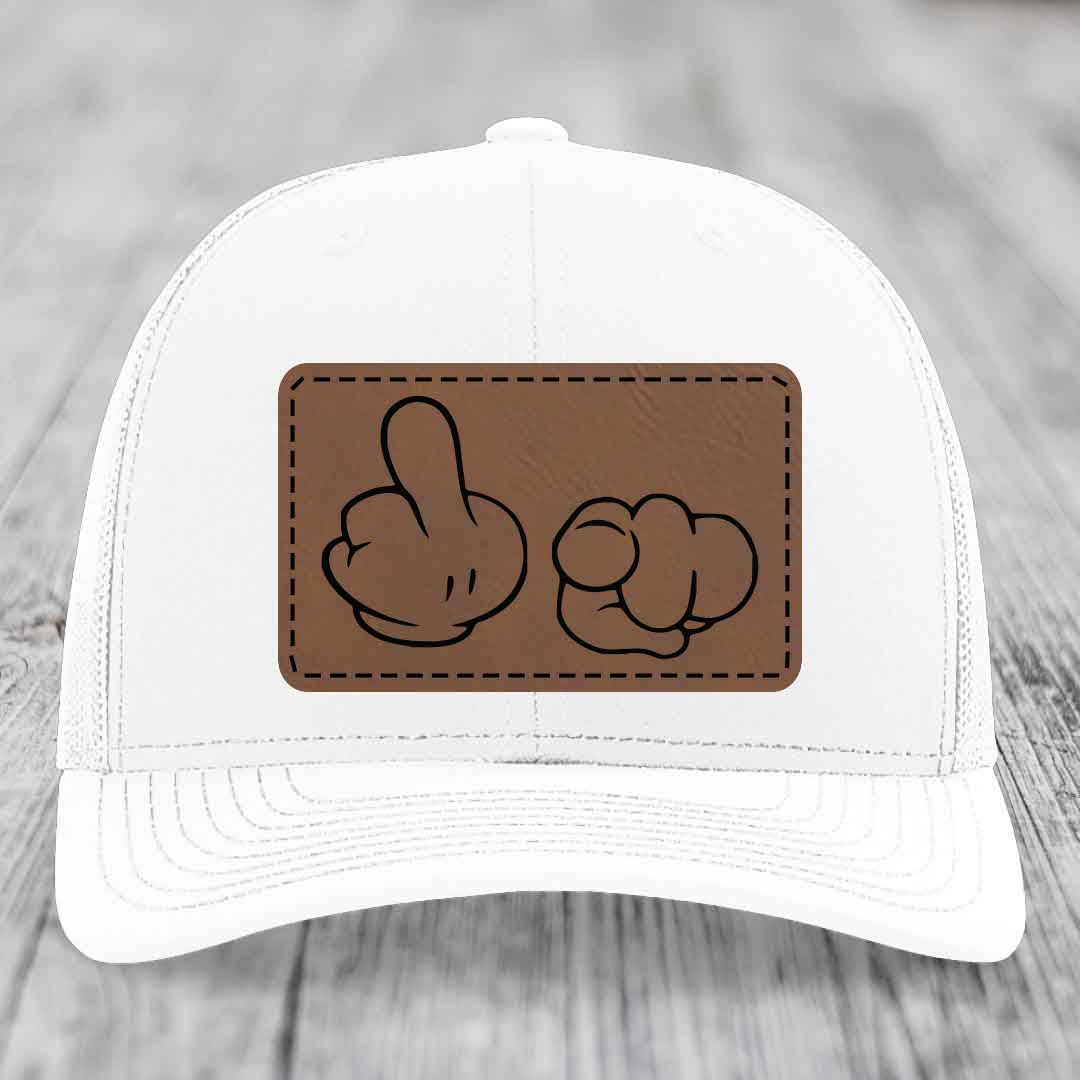 Cartoon Hands F*ck You - Leather Patch Hat - Dark Brown to Black Patch - Richardson 112 Snapback Trucker Hat