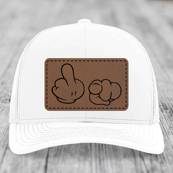 Cartoon Hands F*ck You - Leather Patch Hat - Dark Brown to Black Patch - Richardson 112 Snapback Trucker Hat