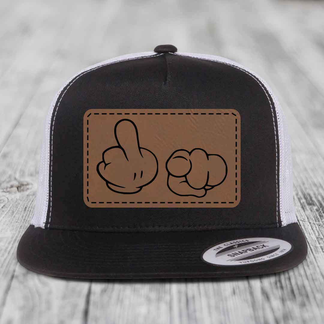 Cartoon Hands F*ck You - Leather Patch Hat - Dark Brown to Black Patch - Yupoong 6006 Snapback Flatbill Hat