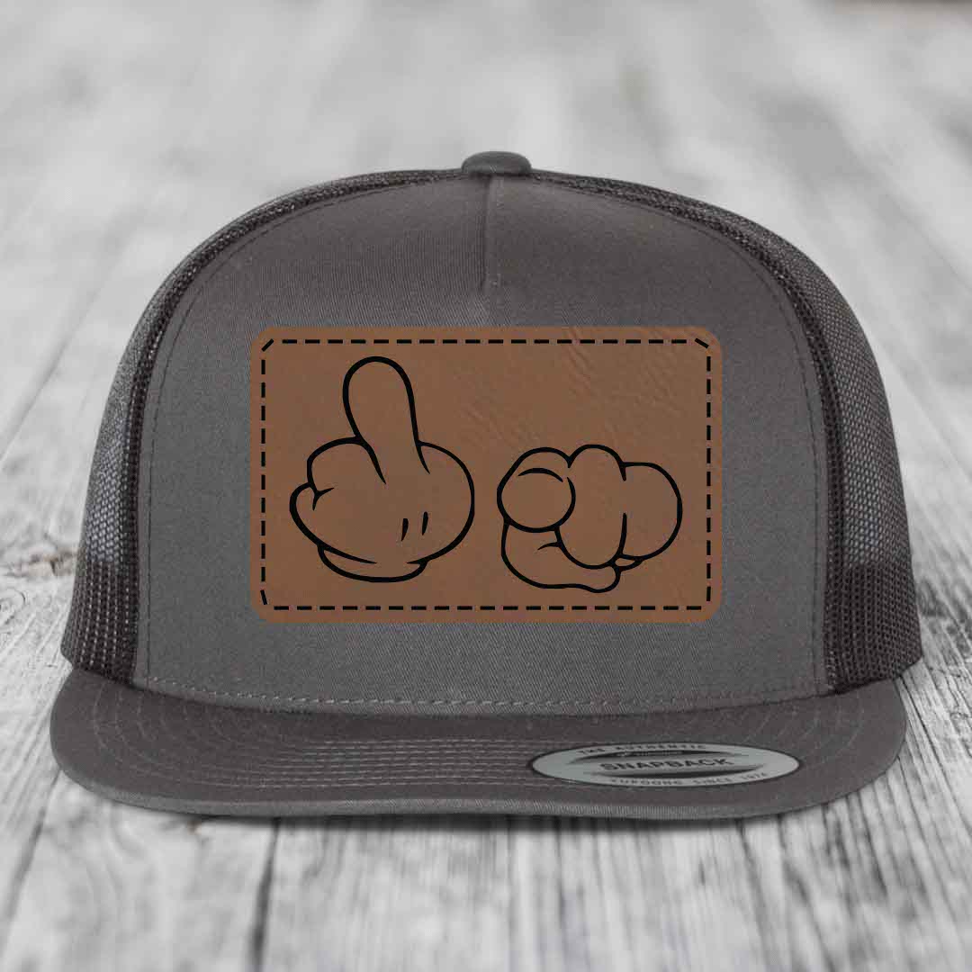 Cartoon Hands F*ck You - Leather Patch Hat - Dark Brown to Black Patch - Yupoong 6006 Snapback Flatbill Hat