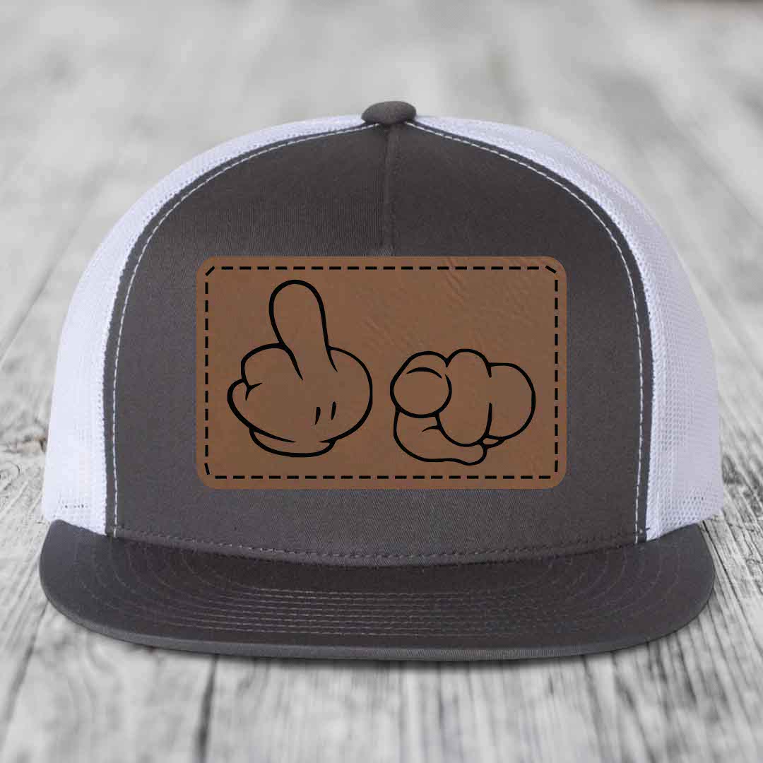 Cartoon Hands F*ck You - Leather Patch Hat - Dark Brown to Black Patch - Yupoong 6006 Snapback Flatbill Hat