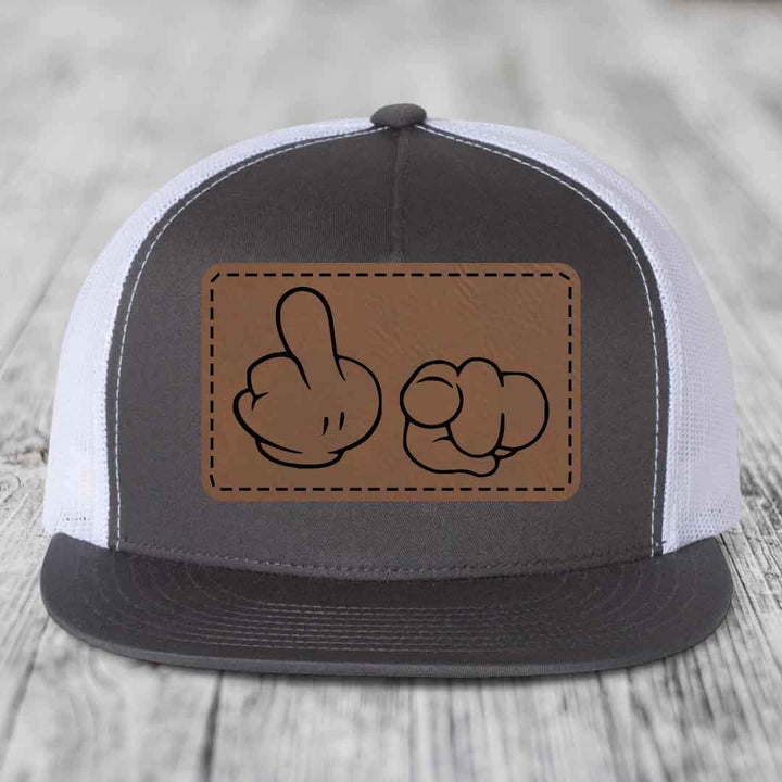 Cartoon Hands F*ck You - Leather Patch Hat - Dark Brown to Black Patch - Yupoong 6006 Snapback Flatbill Hat