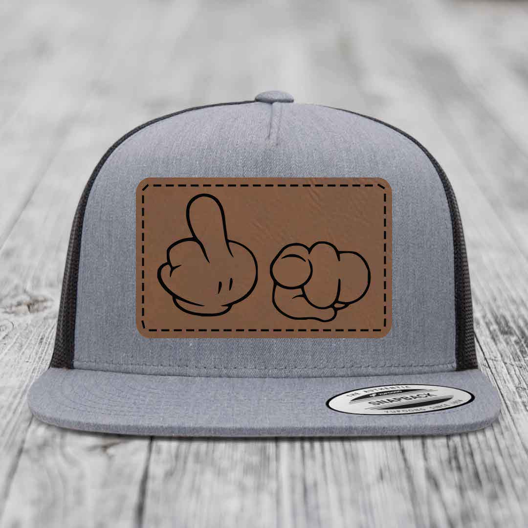 Cartoon Hands F*ck You - Leather Patch Hat - Dark Brown to Black Patch - Yupoong 6006 Snapback Flatbill Hat