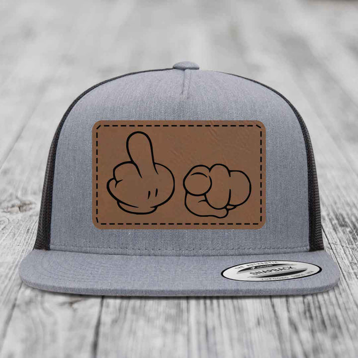 Cartoon Hands F*ck You - Leather Patch Hat - Dark Brown to Black Patch - Yupoong 6006 Snapback Flatbill Hat