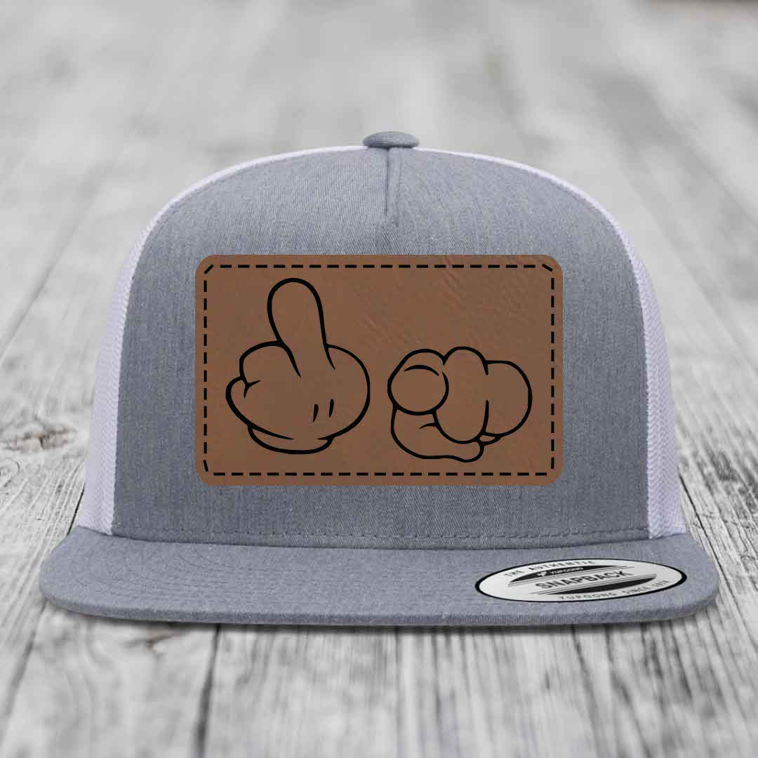 Cartoon Hands F*ck You - Leather Patch Hat - Dark Brown to Black Patch - Yupoong 6006 Snapback Flatbill Hat