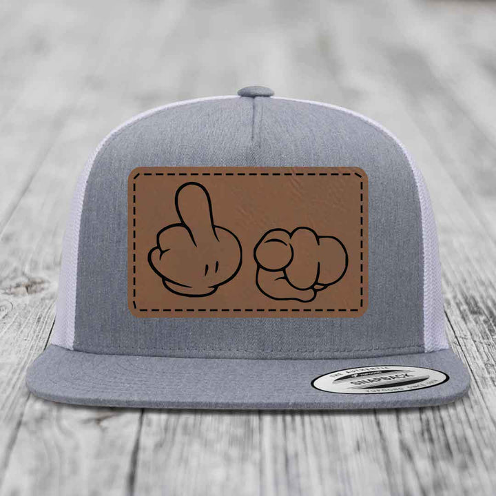 Cartoon Hands F*ck You - Leather Patch Hat - Dark Brown to Black Patch - Yupoong 6006 Snapback Flatbill Hat