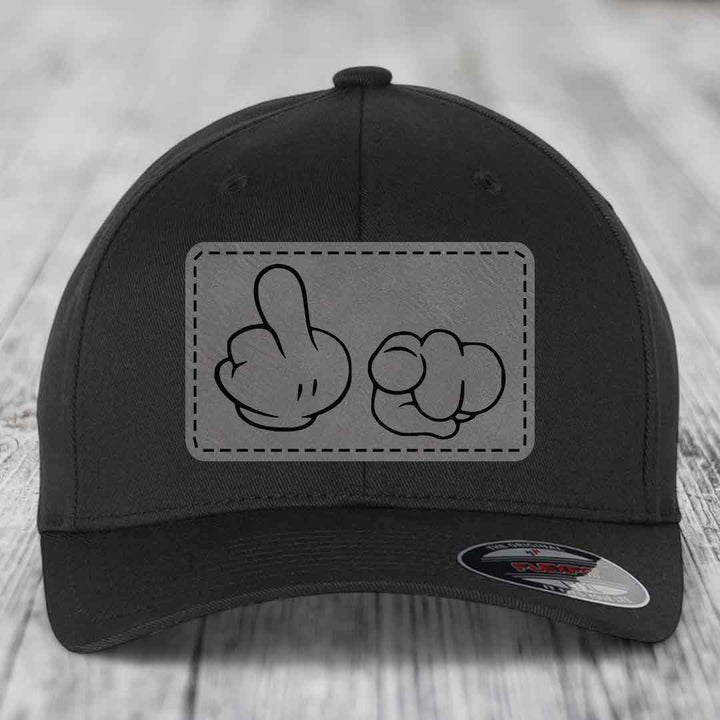 Cartoon Hands F*ck You - Leather Patch Hat - Grey to Black Patch - Flexfit 6277 Fitted Hat