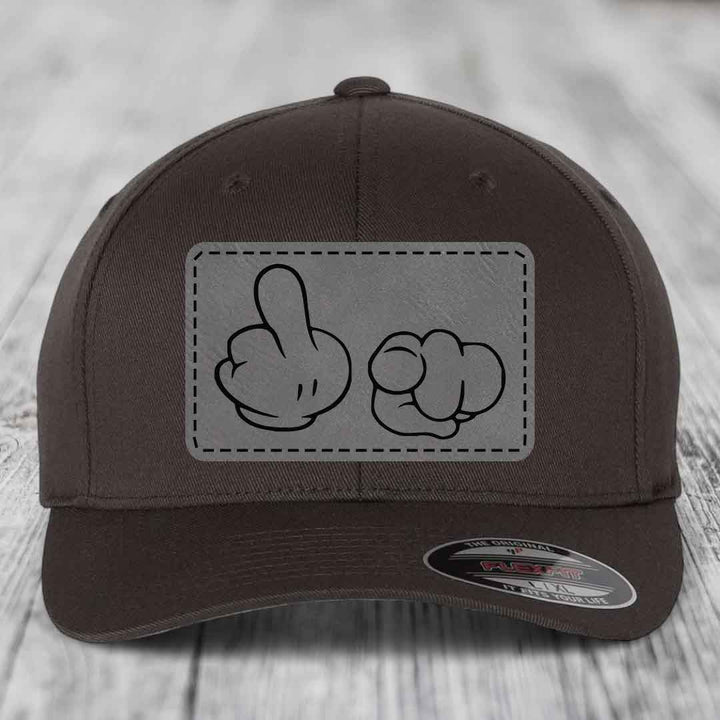 Cartoon Hands F*ck You - Leather Patch Hat - Grey to Black Patch - Flexfit 6277 Fitted Hat