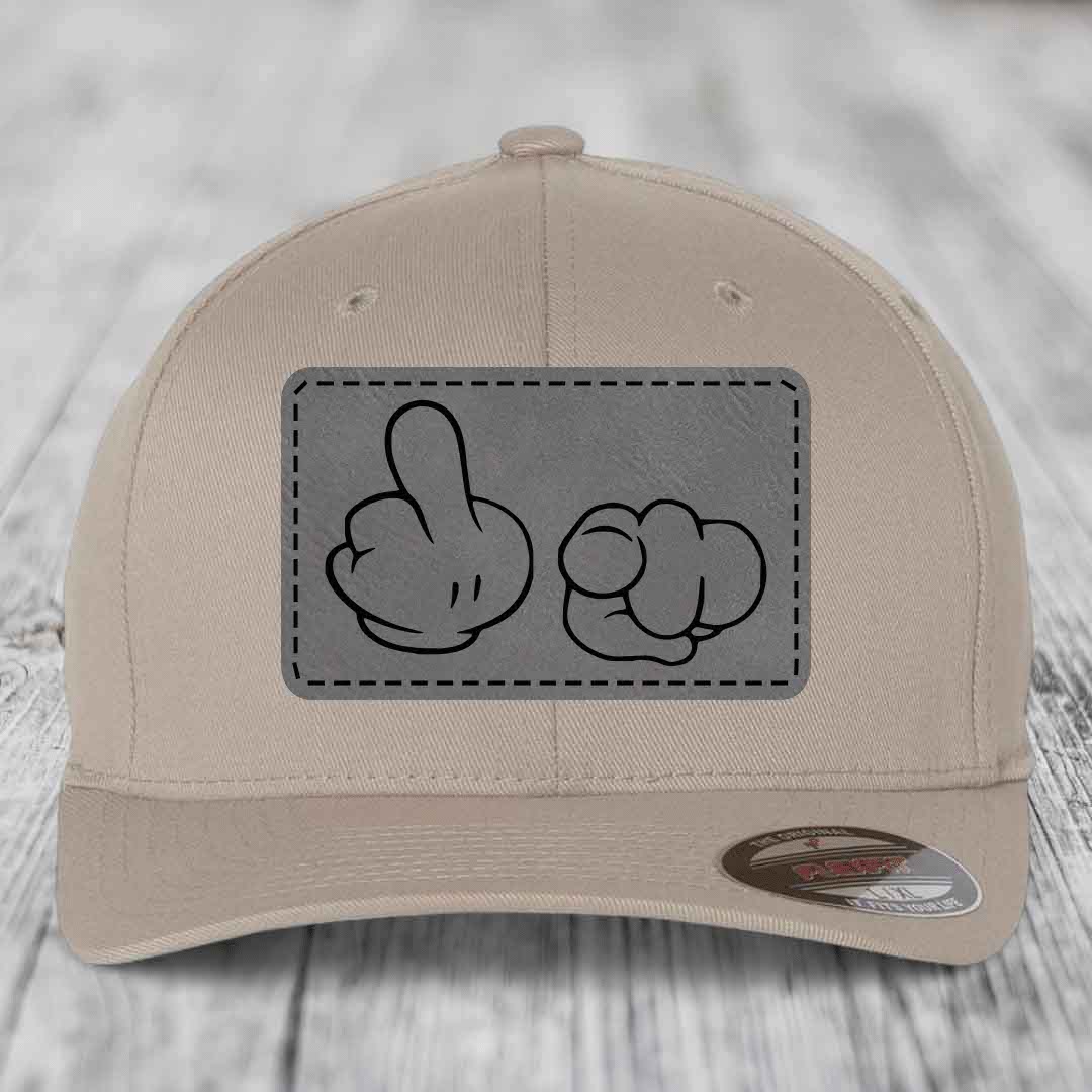 Cartoon Hands F*ck You - Leather Patch Hat - Grey to Black Patch - Flexfit 6277 Fitted Hat