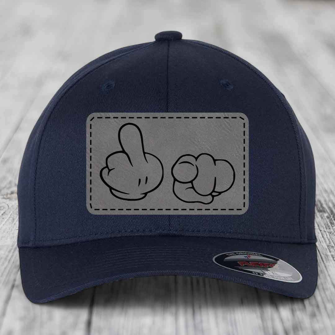 Cartoon Hands F*ck You - Leather Patch Hat - Grey to Black Patch - Flexfit 6277 Fitted Hat