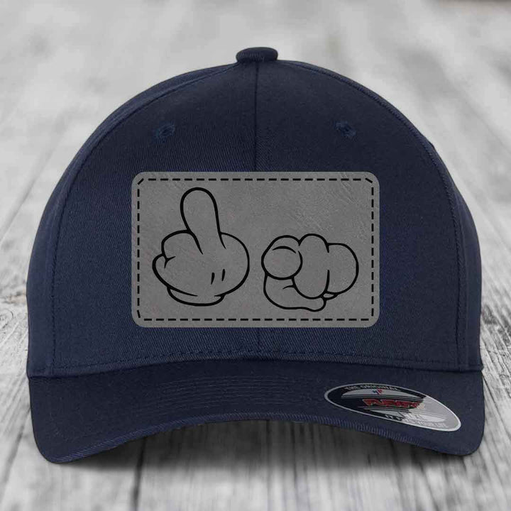 Cartoon Hands F*ck You - Leather Patch Hat - Grey to Black Patch - Flexfit 6277 Fitted Hat