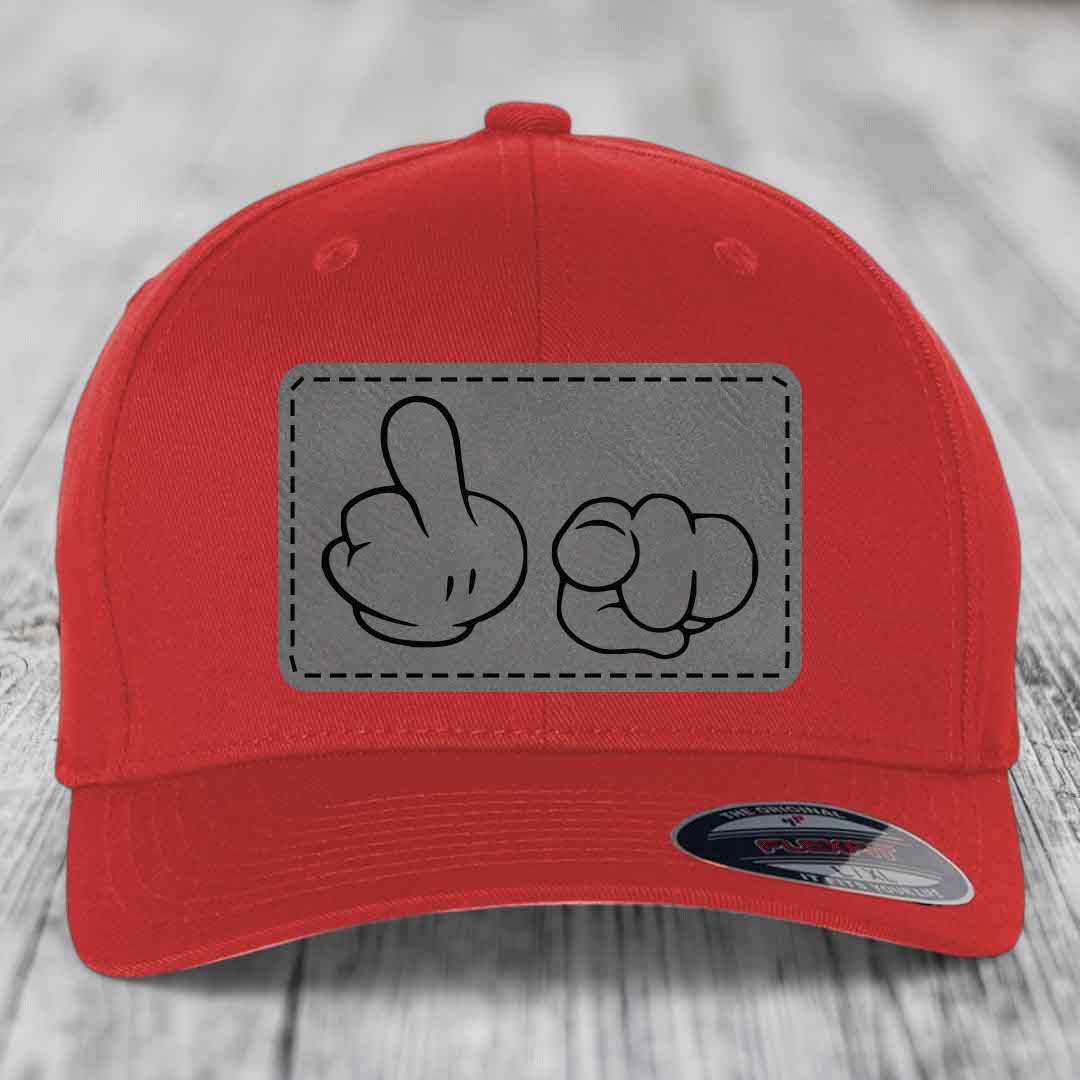 Cartoon Hands F*ck You - Leather Patch Hat - Grey to Black Patch - Flexfit 6277 Fitted Hat