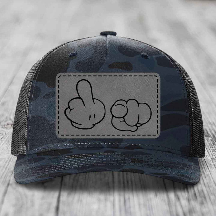 Cartoon Hands F*ck You - Leather Patch Hat - Grey to Black Patch - Richardson 112PFP Snapback Trucker Hat
