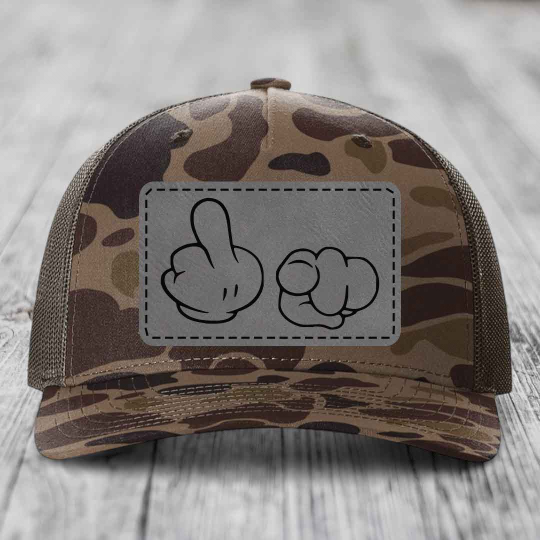 Cartoon Hands F*ck You - Leather Patch Hat - Grey to Black Patch - Richardson 112PFP Snapback Trucker Hat