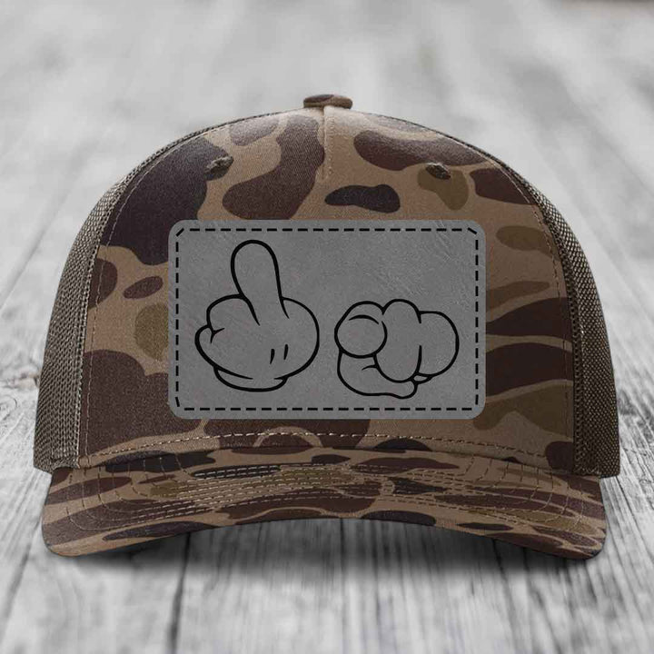 Cartoon Hands F*ck You - Leather Patch Hat - Grey to Black Patch - Richardson 112PFP Snapback Trucker Hat