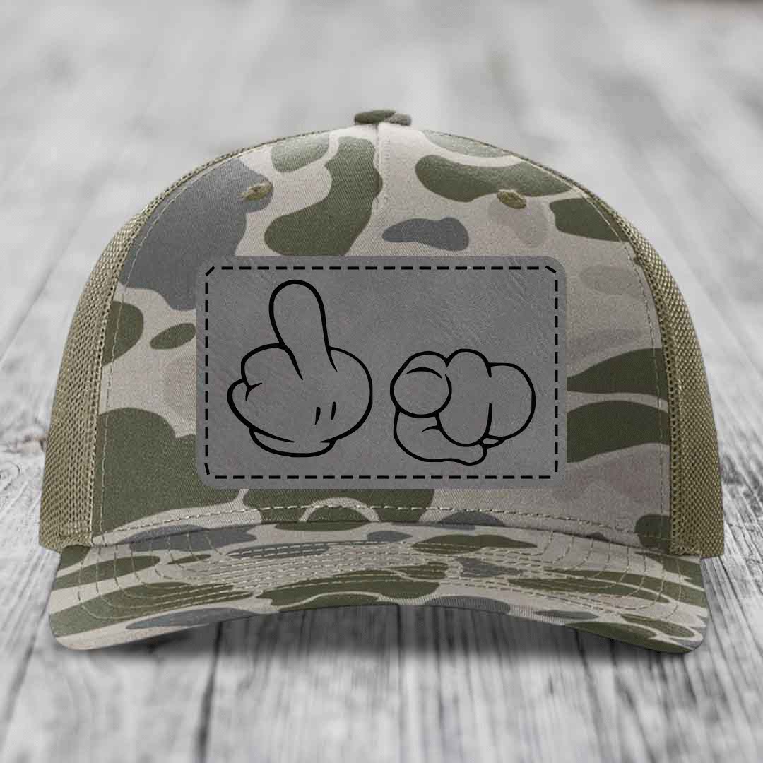 Cartoon Hands F*ck You - Leather Patch Hat - Grey to Black Patch - Richardson 112PFP Snapback Trucker Hat