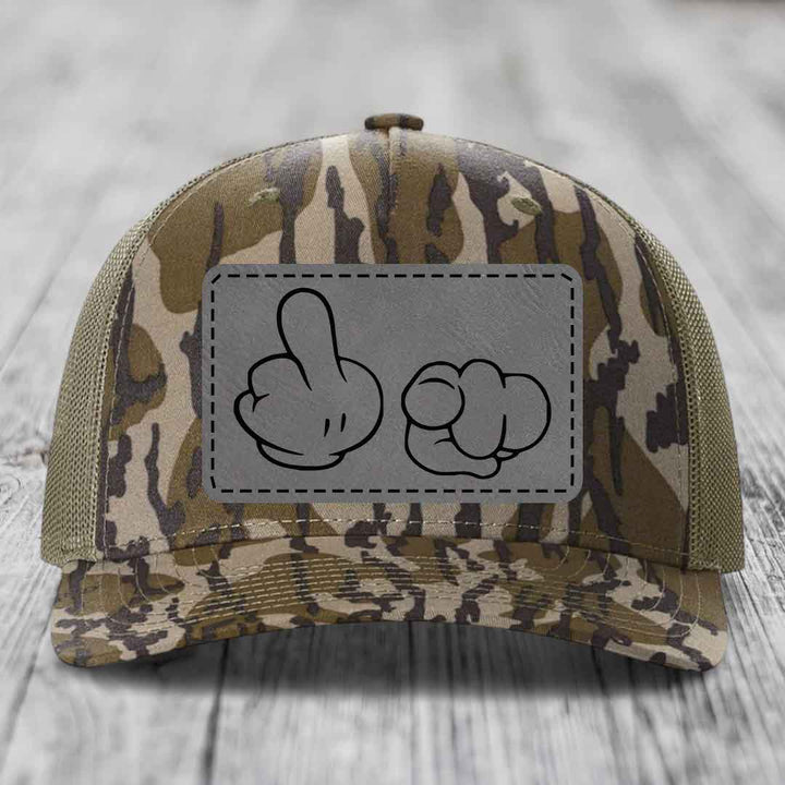 Cartoon Hands F*ck You - Leather Patch Hat - Grey to Black Patch - Richardson 112PFP Snapback Trucker Hat
