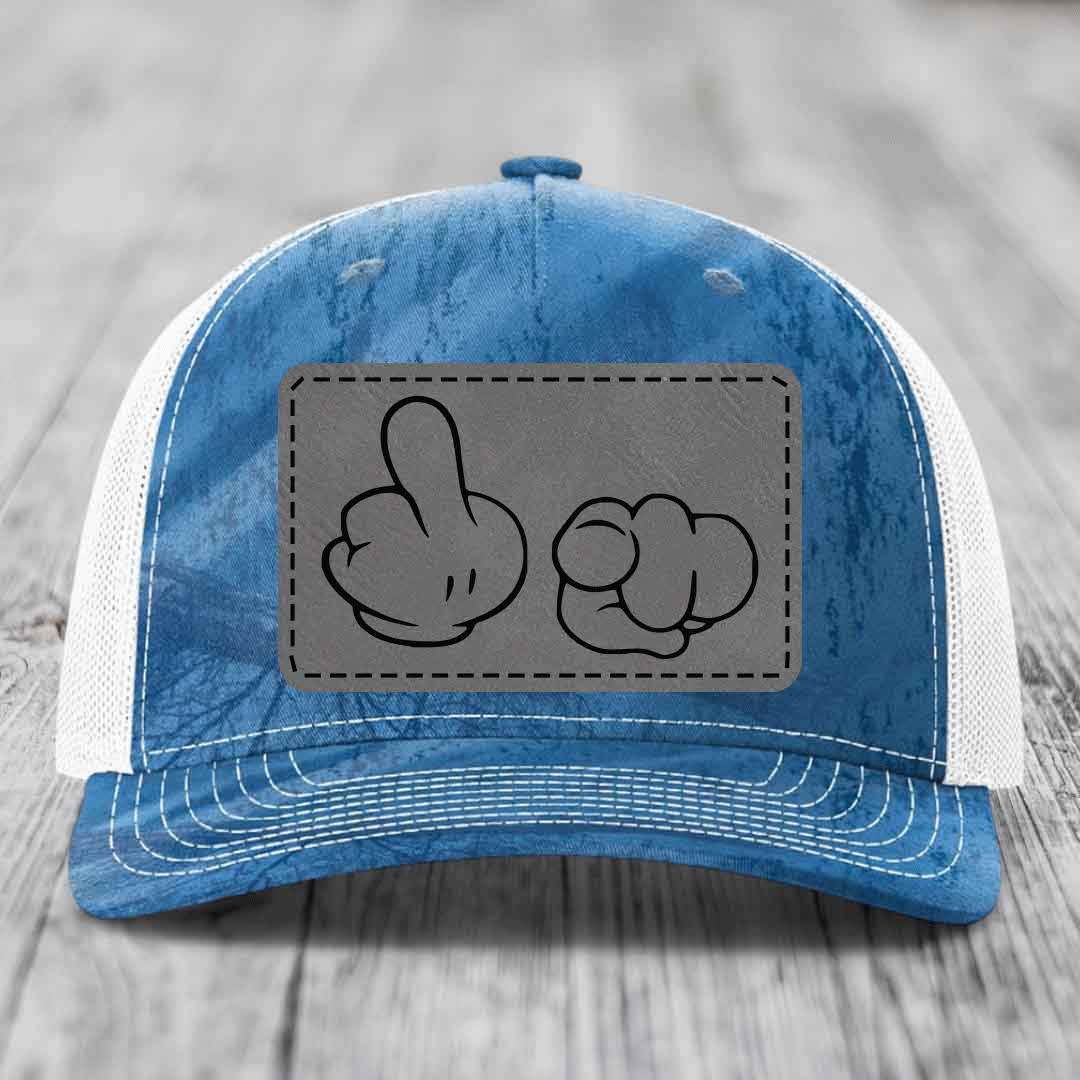 Cartoon Hands F*ck You - Leather Patch Hat - Grey to Black Patch - Richardson 112PFP Snapback Trucker Hat