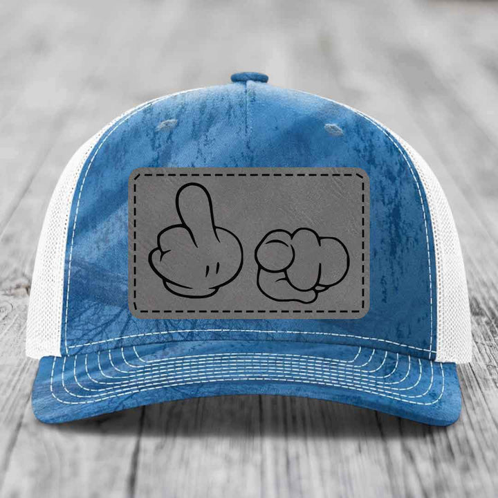 Cartoon Hands F*ck You - Leather Patch Hat - Grey to Black Patch - Richardson 112PFP Snapback Trucker Hat