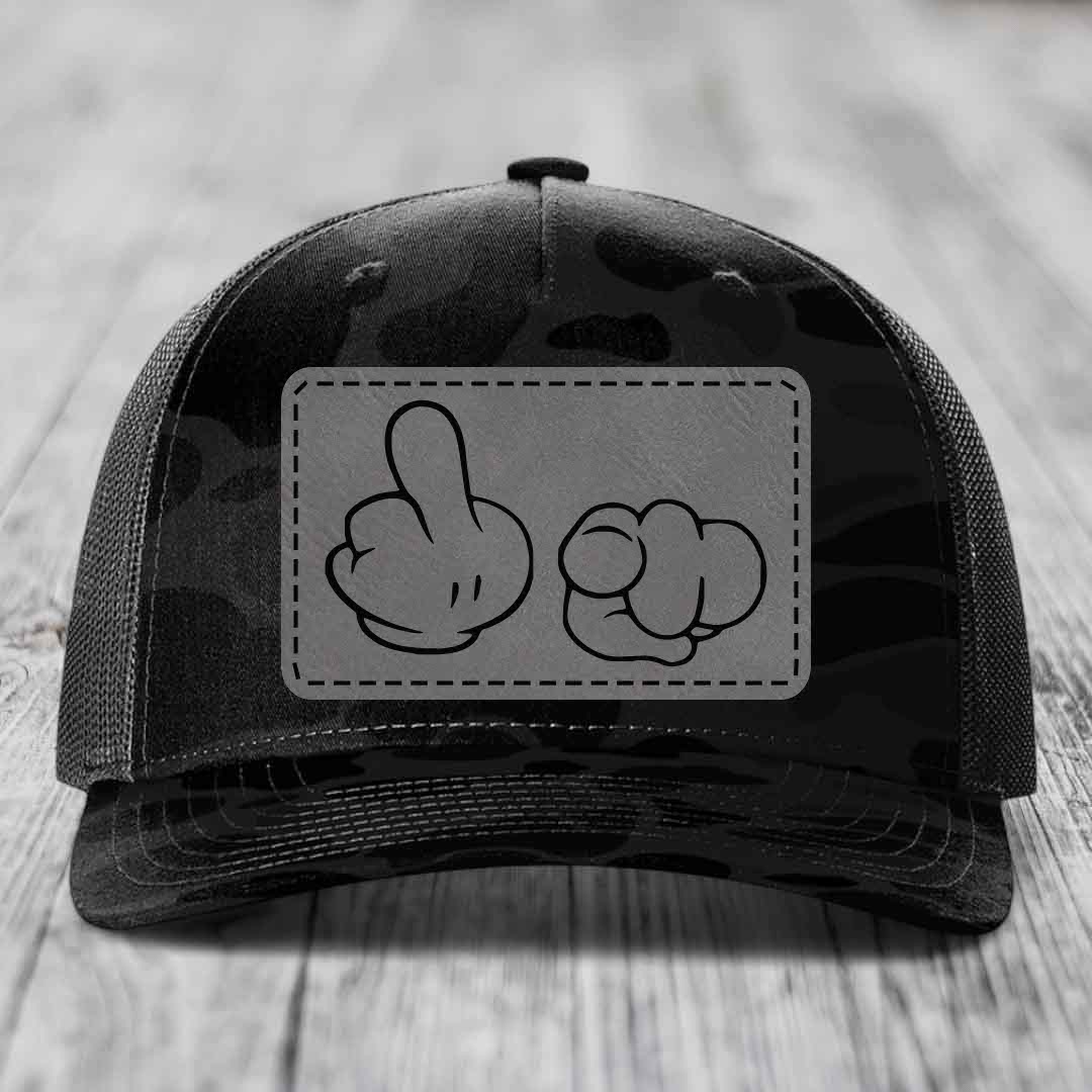 Cartoon Hands F*ck You - Leather Patch Hat - Grey to Black Patch - Richardson 112PFP Snapback Trucker Hat