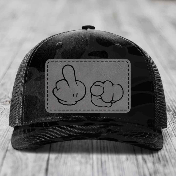 Cartoon Hands F*ck You - Leather Patch Hat - Grey to Black Patch - Richardson 112PFP Snapback Trucker Hat