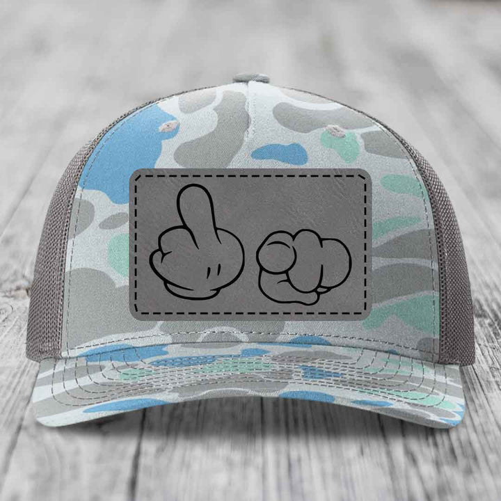 Cartoon Hands F*ck You - Leather Patch Hat - Grey to Black Patch - Richardson 112PFP Snapback Trucker Hat