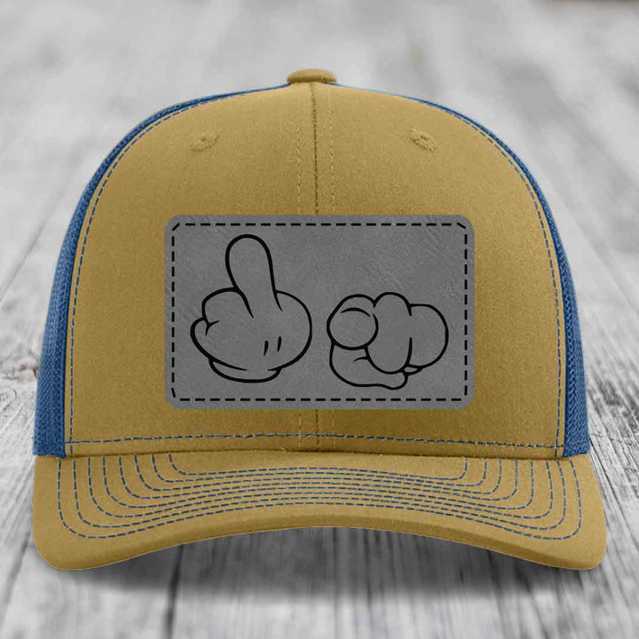 Cartoon Hands F*ck You - Leather Patch Hat - Grey to Black Patch - Richardson 112 Snapback Trucker Hat