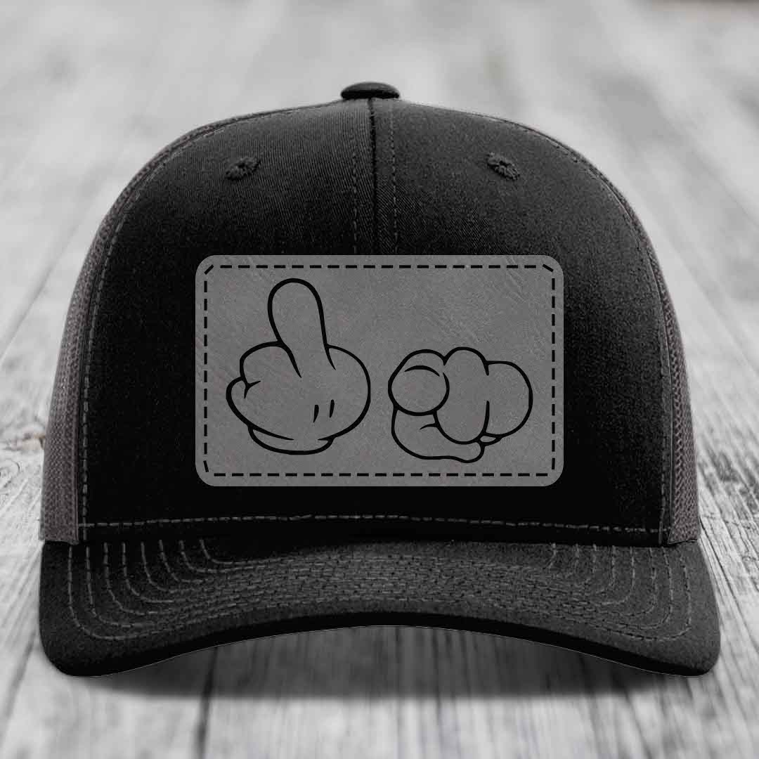 Cartoon Hands F*ck You - Leather Patch Hat - Grey to Black Patch - Richardson 112 Snapback Trucker Hat