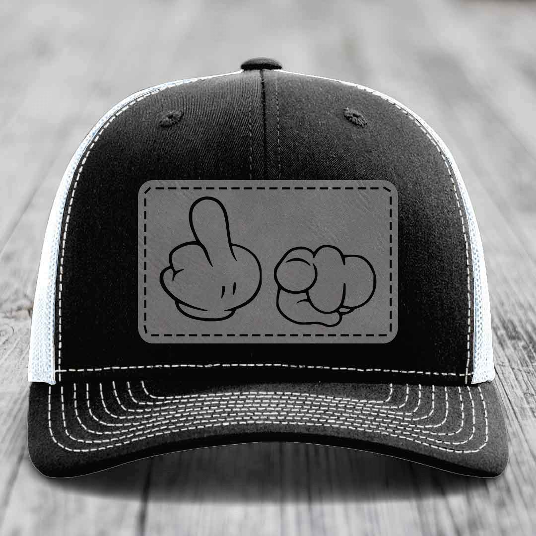 Cartoon Hands F*ck You - Leather Patch Hat - Grey to Black Patch - Richardson 112 Snapback Trucker Hat