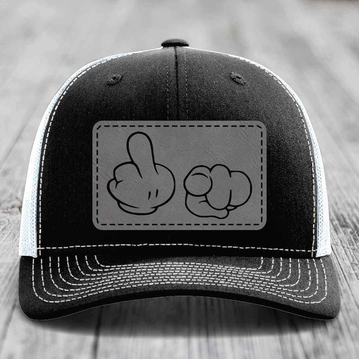 Cartoon Hands F*ck You - Leather Patch Hat - Grey to Black Patch - Richardson 112 Snapback Trucker Hat