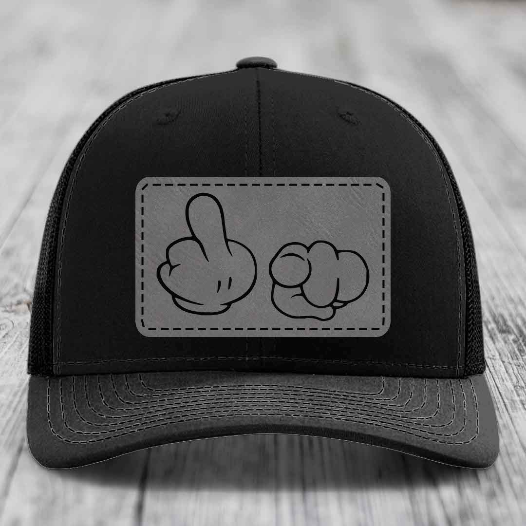 Cartoon Hands F*ck You - Leather Patch Hat - Grey to Black Patch - Richardson 112 Snapback Trucker Hat