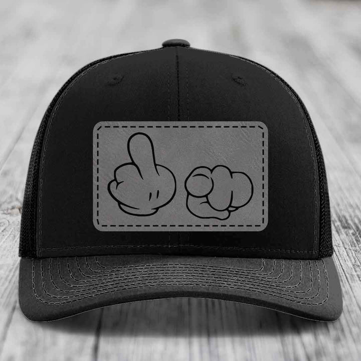 Cartoon Hands F*ck You - Leather Patch Hat - Grey to Black Patch - Richardson 112 Snapback Trucker Hat