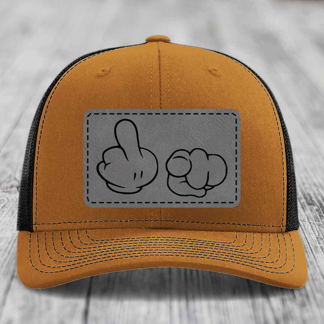 Cartoon Hands F*ck You - Leather Patch Hat - Grey to Black Patch - Richardson 112 Snapback Trucker Hat