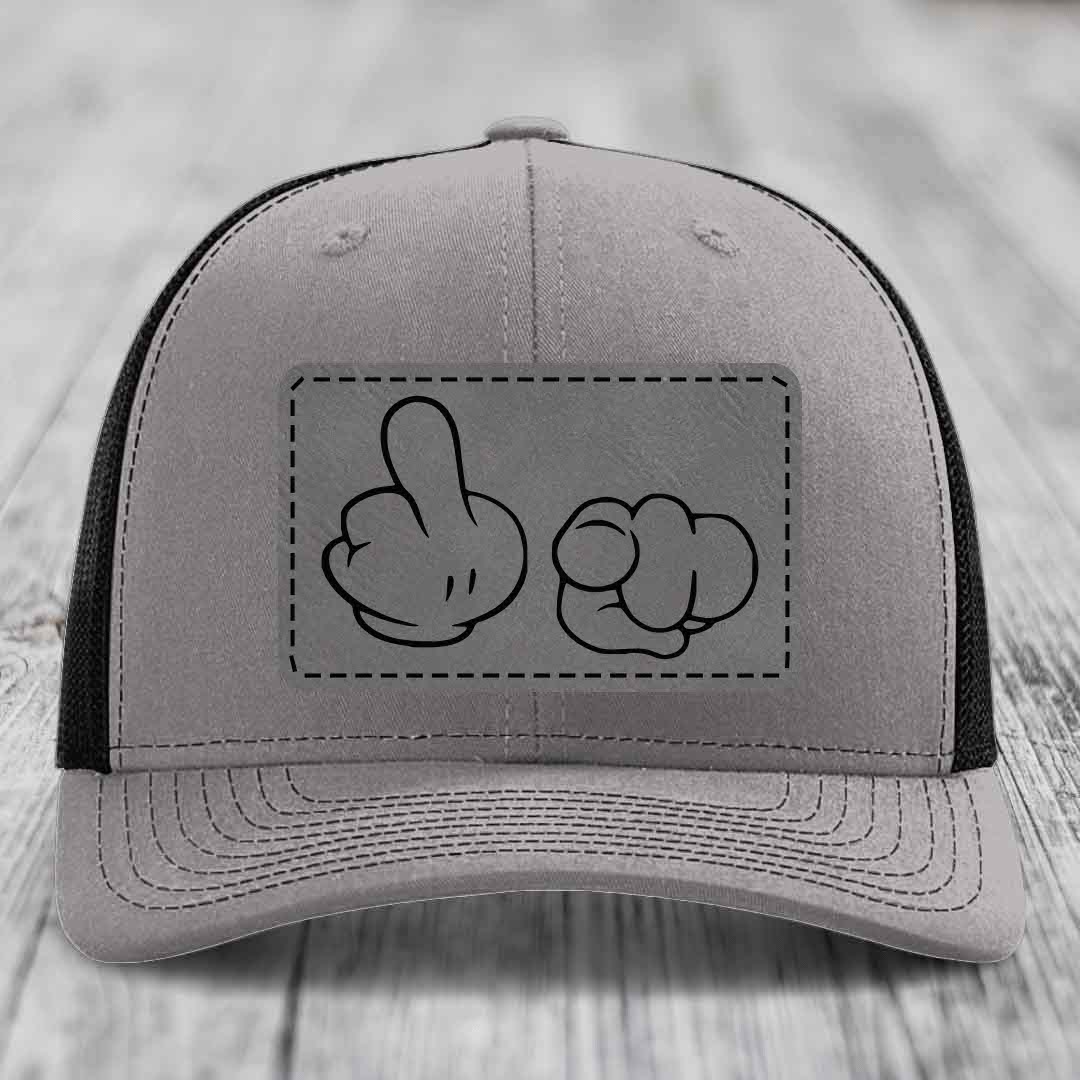 Cartoon Hands F*ck You - Leather Patch Hat - Grey to Black Patch - Richardson 112 Snapback Trucker Hat