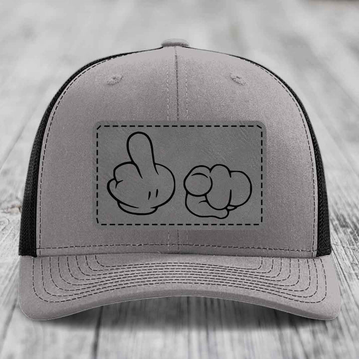 Cartoon Hands F*ck You - Leather Patch Hat - Grey to Black Patch - Richardson 112 Snapback Trucker Hat