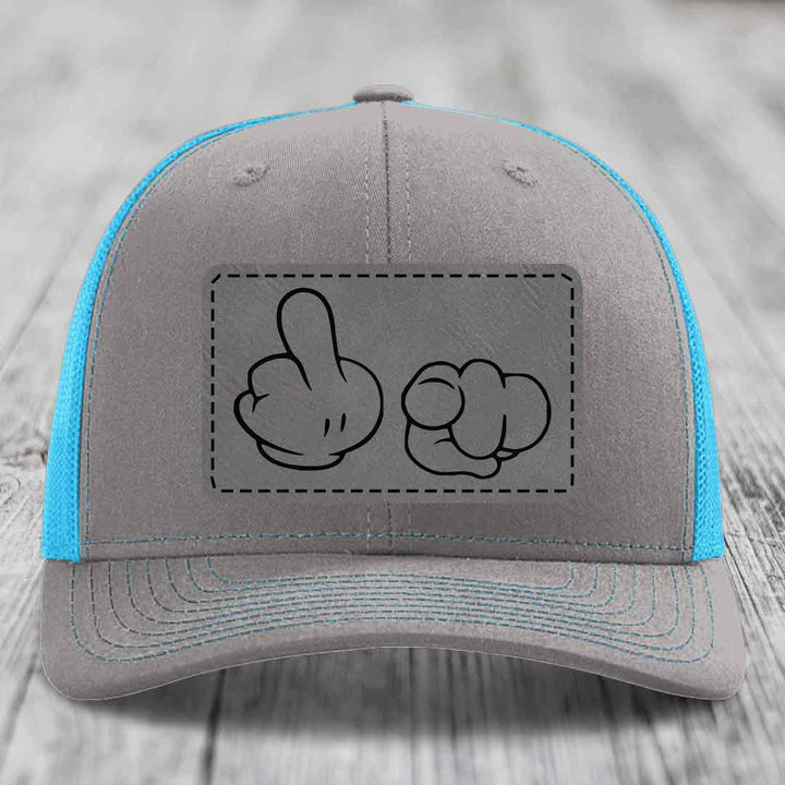 Cartoon Hands F*ck You - Leather Patch Hat - Grey to Black Patch - Richardson 112 Snapback Trucker Hat
