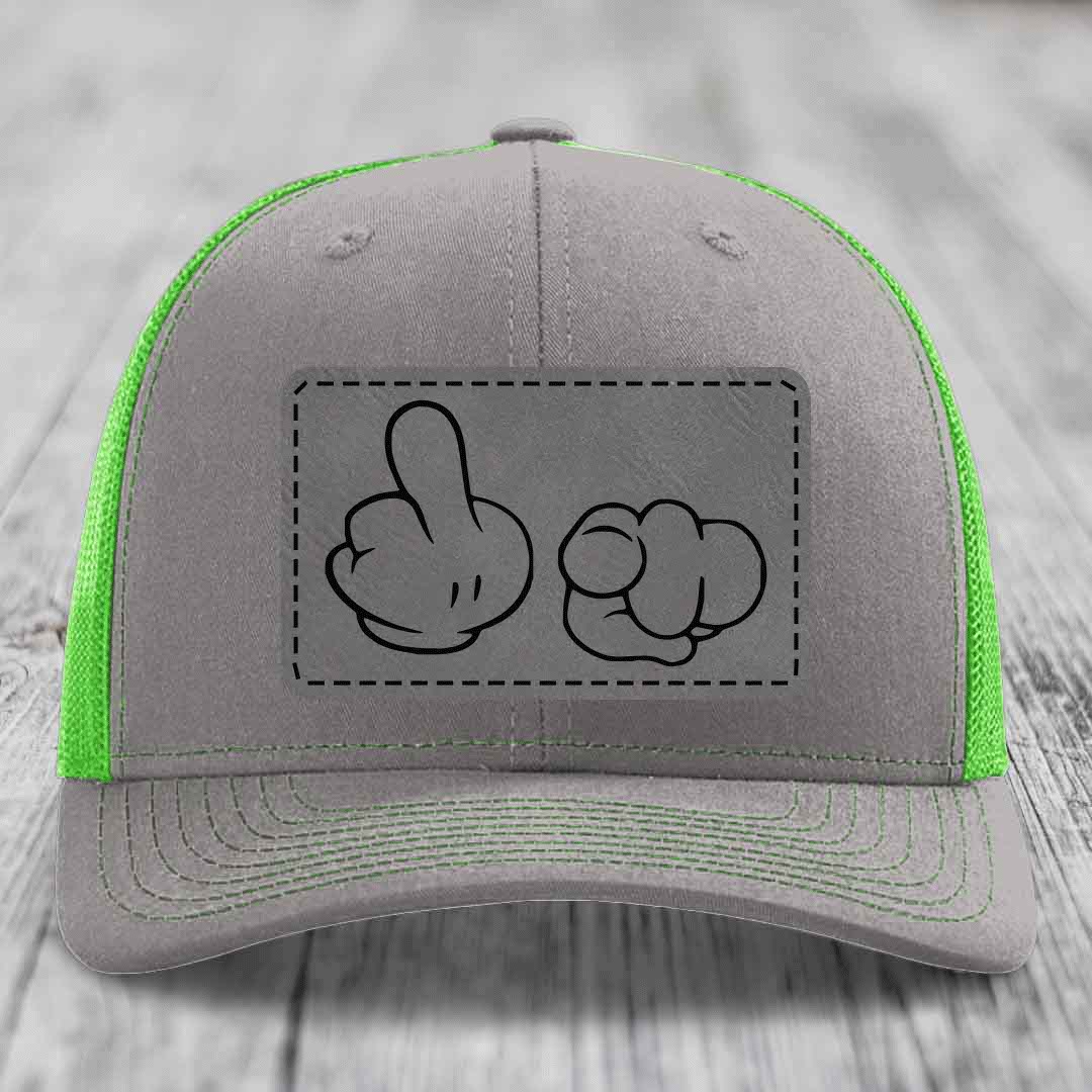 Cartoon Hands F*ck You - Leather Patch Hat - Grey to Black Patch - Richardson 112 Snapback Trucker Hat