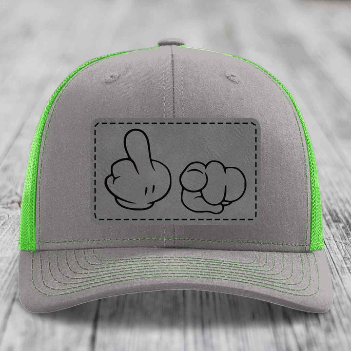 Cartoon Hands F*ck You - Leather Patch Hat - Grey to Black Patch - Richardson 112 Snapback Trucker Hat
