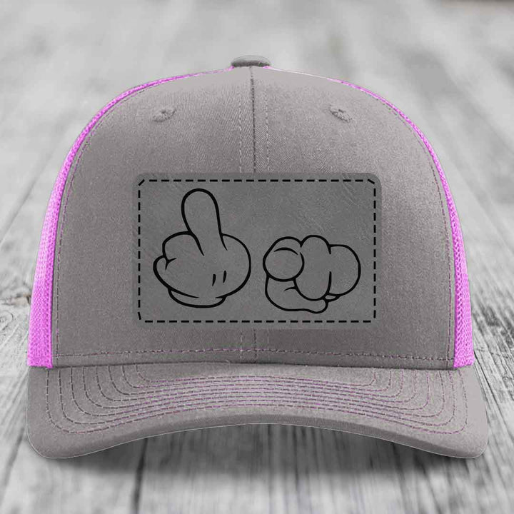 Cartoon Hands F*ck You - Leather Patch Hat - Grey to Black Patch - Richardson 112 Snapback Trucker Hat