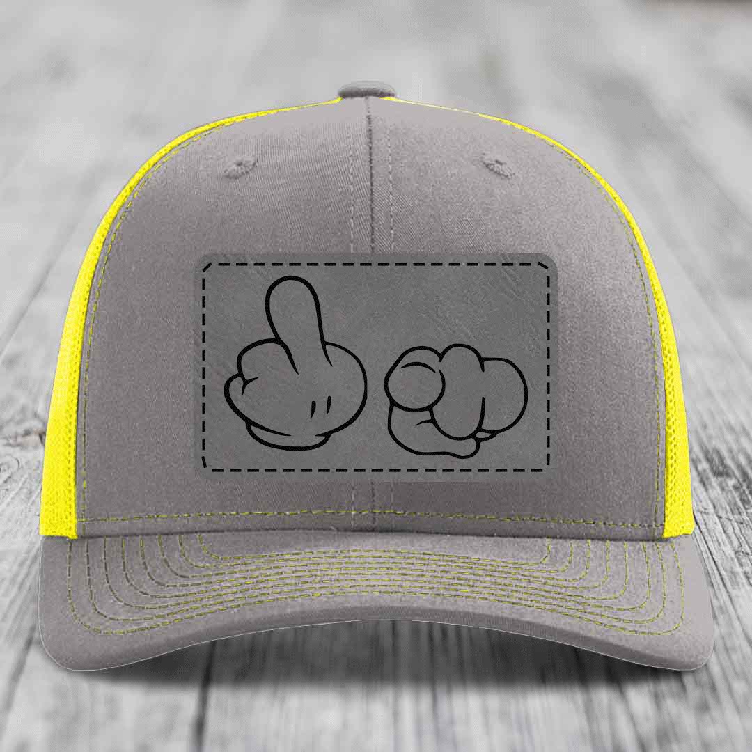 Cartoon Hands F*ck You - Leather Patch Hat - Grey to Black Patch - Richardson 112 Snapback Trucker Hat