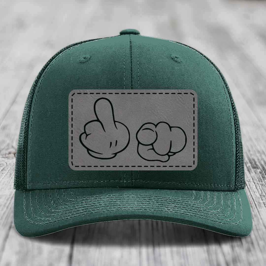 Cartoon Hands F*ck You - Leather Patch Hat - Grey to Black Patch - Richardson 112 Snapback Trucker Hat