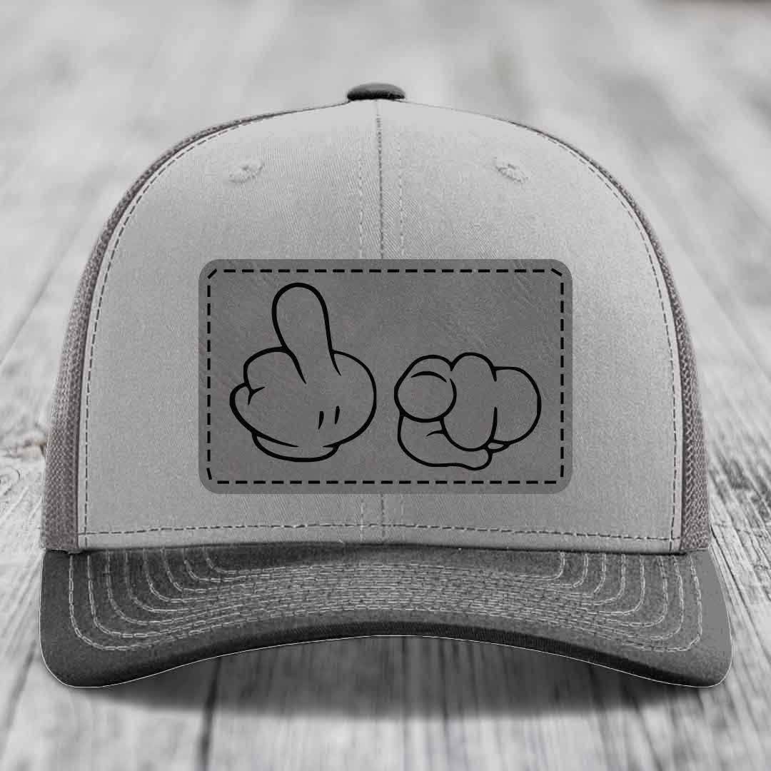 Cartoon Hands F*ck You - Leather Patch Hat - Grey to Black Patch - Richardson 112 Snapback Trucker Hat