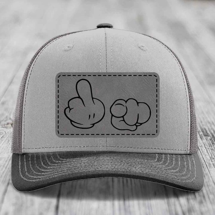 Cartoon Hands F*ck You - Leather Patch Hat - Grey to Black Patch - Richardson 112 Snapback Trucker Hat