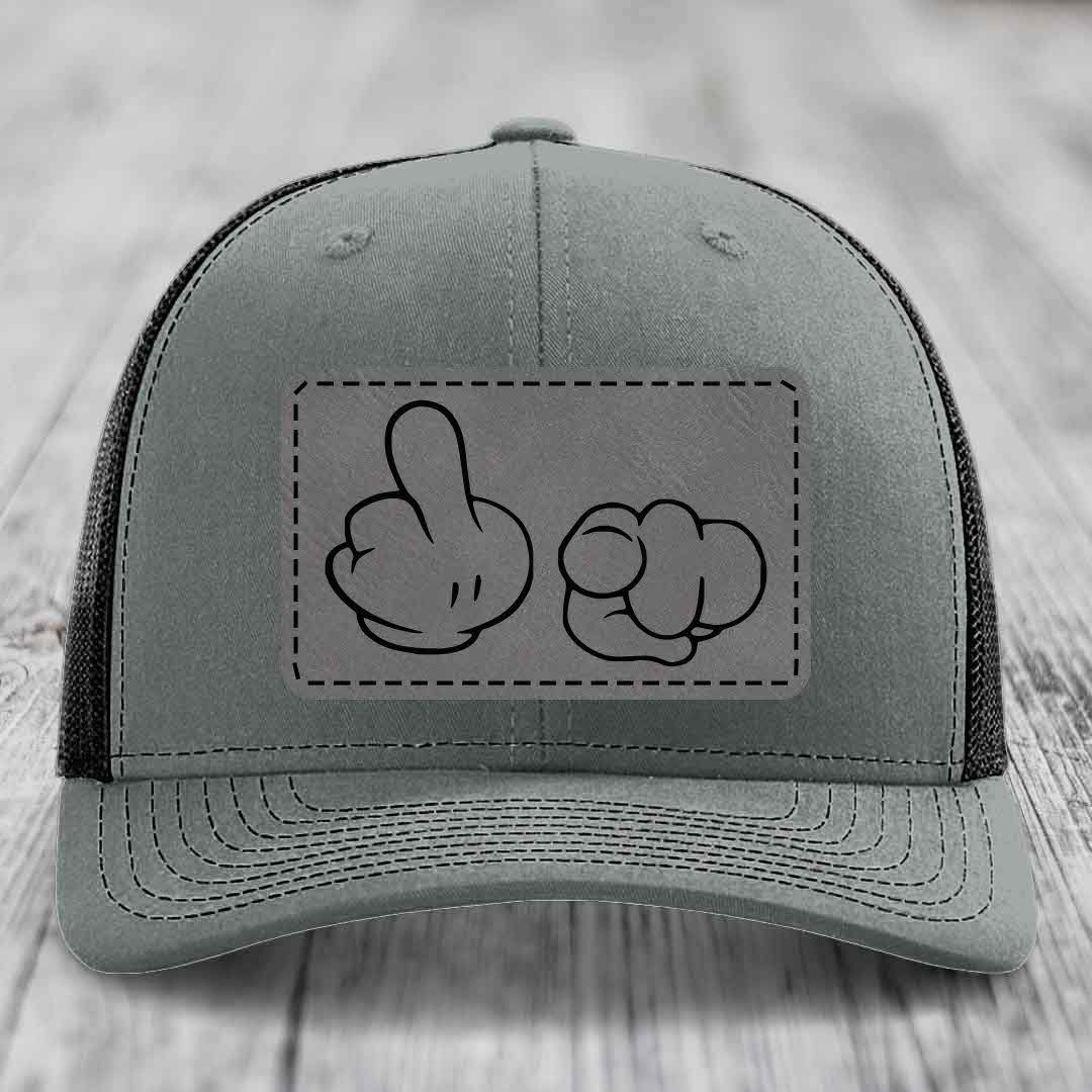 Cartoon Hands F*ck You - Leather Patch Hat - Grey to Black Patch - Richardson 112 Snapback Trucker Hat