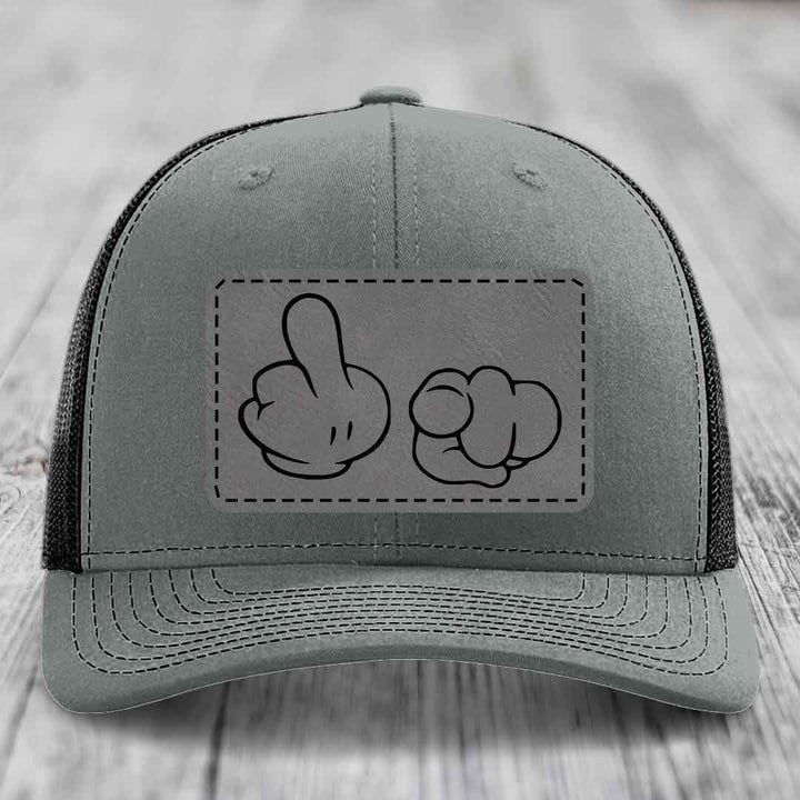 Cartoon Hands F*ck You - Leather Patch Hat - Grey to Black Patch - Richardson 112 Snapback Trucker Hat