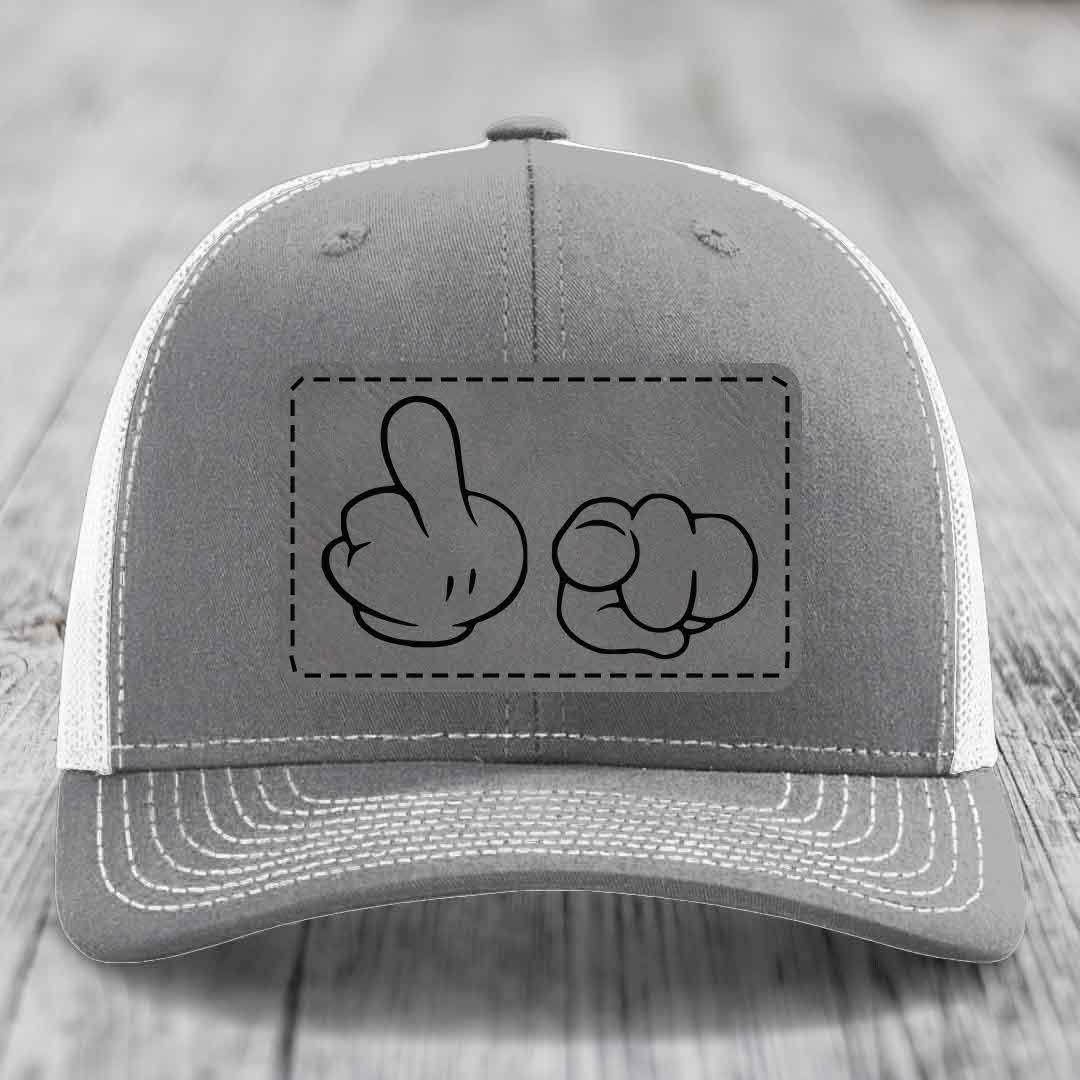 Cartoon Hands F*ck You - Leather Patch Hat - Grey to Black Patch - Richardson 112 Snapback Trucker Hat