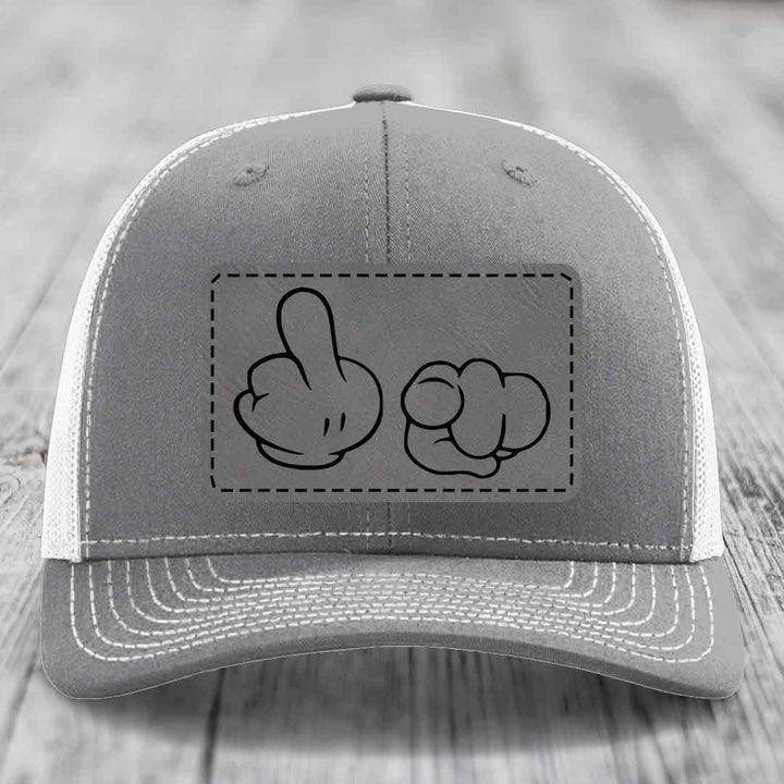 Cartoon Hands F*ck You - Leather Patch Hat - Grey to Black Patch - Richardson 112 Snapback Trucker Hat