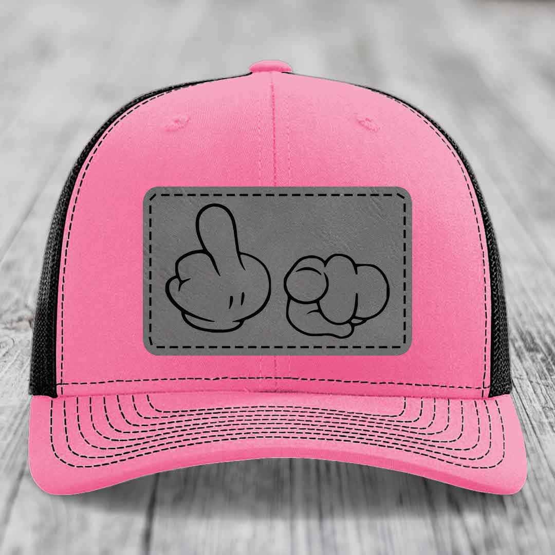 Cartoon Hands F*ck You - Leather Patch Hat - Grey to Black Patch - Richardson 112 Snapback Trucker Hat