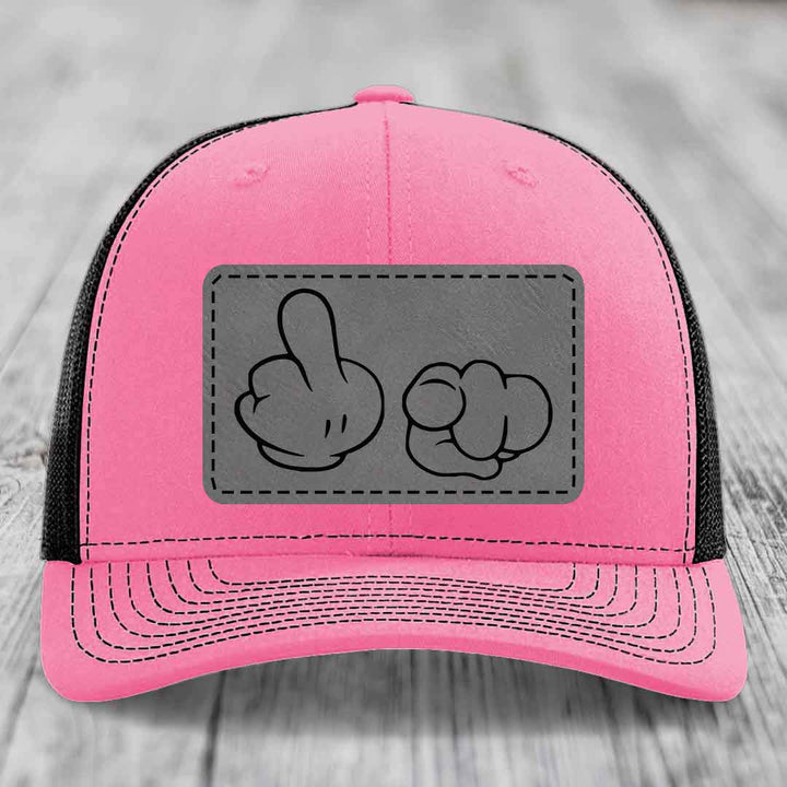 Cartoon Hands F*ck You - Leather Patch Hat - Grey to Black Patch - Richardson 112 Snapback Trucker Hat