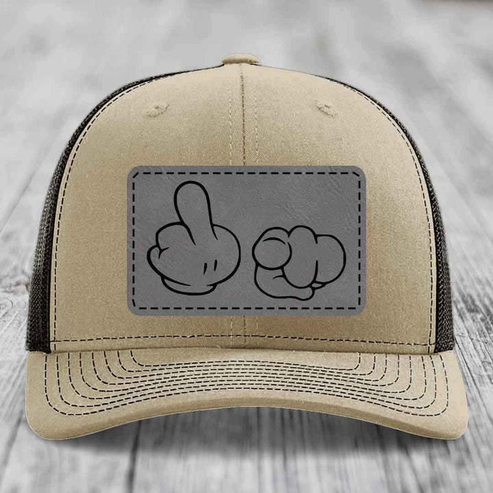 Cartoon Hands F*ck You - Leather Patch Hat - Grey to Black Patch - Richardson 112 Snapback Trucker Hat